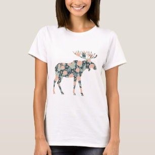 T-shirt Moderne Tendance Hiver Forêt Bois Cerf Fleurs
