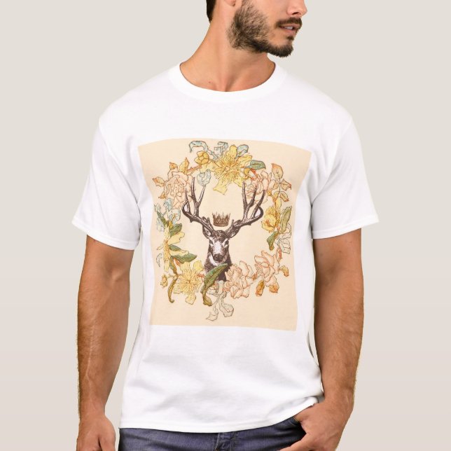 T-shirt Moderne Vintage cerf fleur rose rustique (Devant)