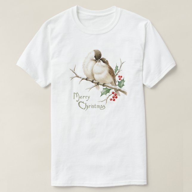 T-shirt Moineaux sur une branche de Noël (Design devant)
