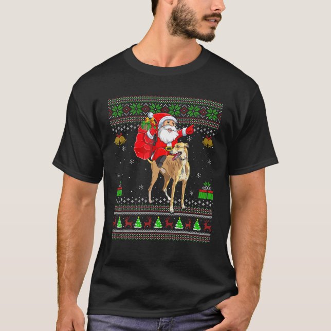 T-shirt Moins moche Noël drôle Père Noël équitation Greyho (Devant)