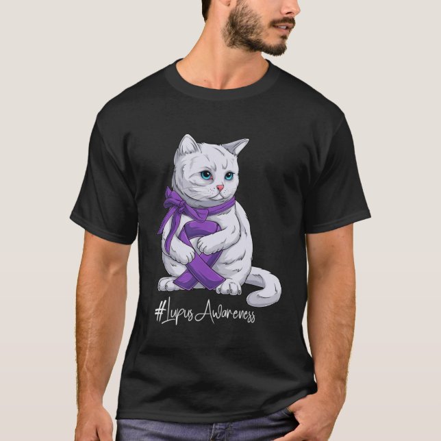 T-shirt Mois de sensibilisation au lupus Chat au ruban vio (Devant)