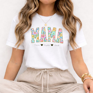 T-shirt Mom Mama Floral  With Kids Names Mother's Day
