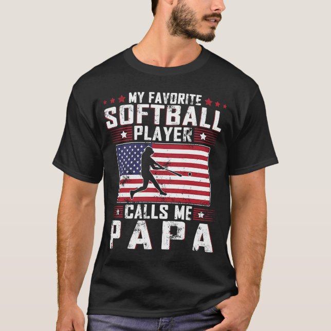 T-shirt Mon Joueur De Softball Favori M'Appelle Papa Père  (Devant)