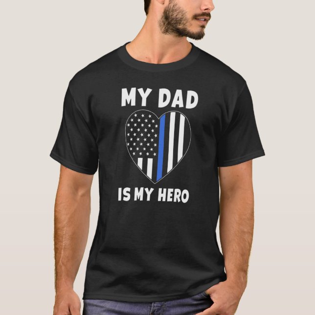 T-shirt Mon père est mon héros Police Officier Papa Blue L (Devant)