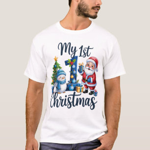 T-shirt Mon premier 1er Noël bébé garçon bleu Xmas bonhomm