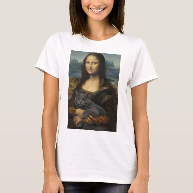 T-shirt Mona Lisa tenant un élégant chat gris              (Devant)