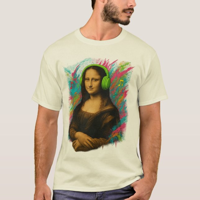 T-shirt Mona Lisa with Headphones – Neon Graffiti Style on (Devant)