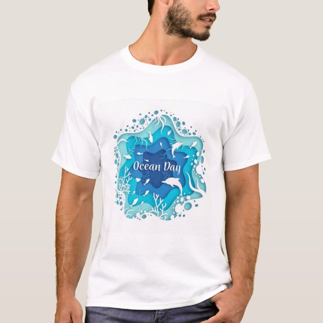 T-shirt monde-océans-jour-concept-papier-avec-poisson (Devant)