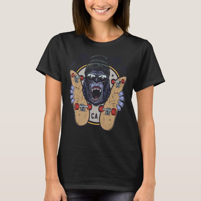 T-shirt Monkey Chimp Avec Lunettes De Soleil Et Skateboard (Devant)