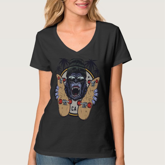 T-shirt Monkey Chimp Avec Lunettes De Soleil Et Skateboard (Devant)