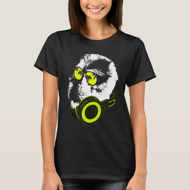 T-shirt Monkey Dj Avec Casques Et Lunettes De Soleil Fête (Devant)