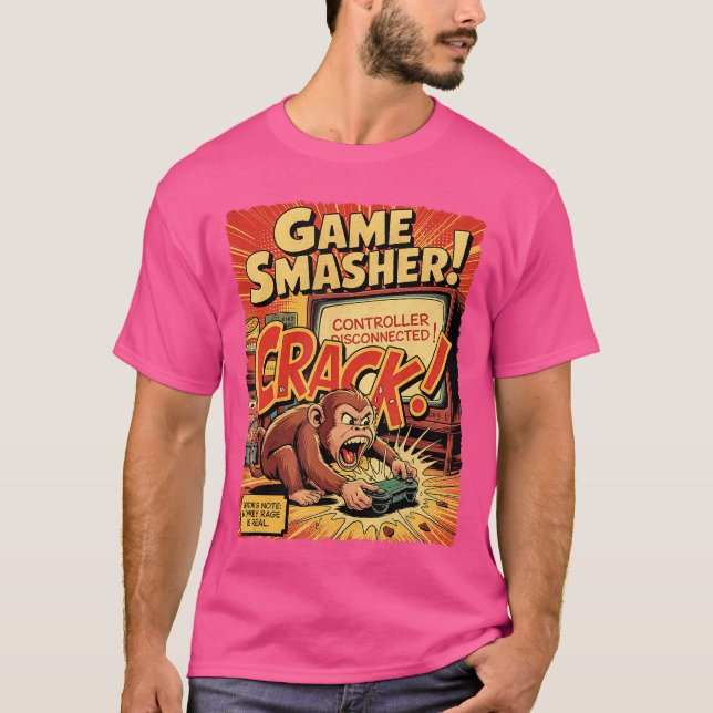 T-shirt Monkey Rage Gamer Retro Comic Console Funny Video  (Devant)