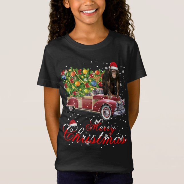 T-Shirt Monkey Rides Camion Rouge Pajama de Noël (Devant)