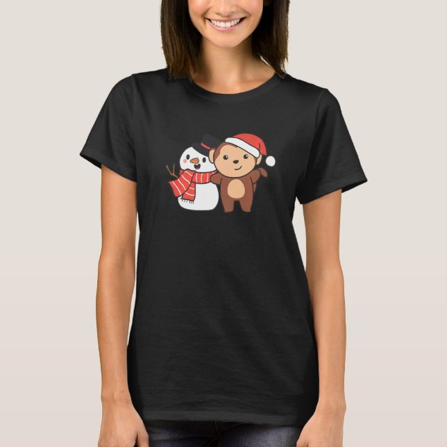 T-shirt Monkey With Snowman In Winter For Christmas (Devant)