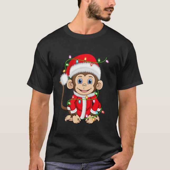 T-shirt Monkey Xmas Éclairage Père Noël Costume Singe Noël (Devant)