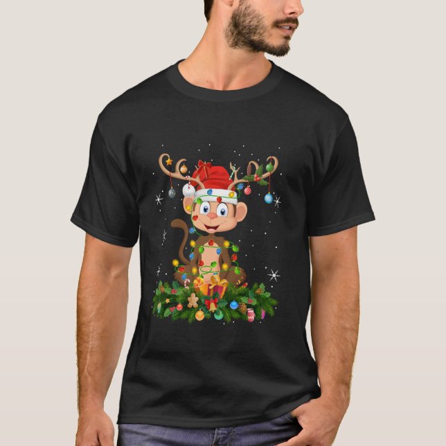 T-shirt Monkey Xmas Éclairage renne Santa Hat Singe Chr (Devant)