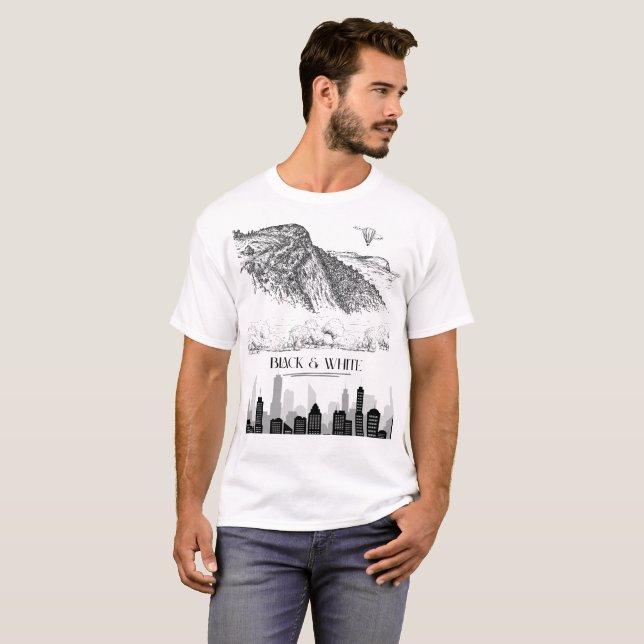 T-shirt Monochrome Mountain City Skyline Art Black White (Devant entier)