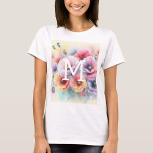 T-shirt Monogramme aquarelle florale fleurs de pavot roses
