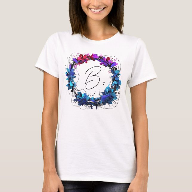 T-shirt Monogramme bleu rose rose rose fleuri couronne (Devant)