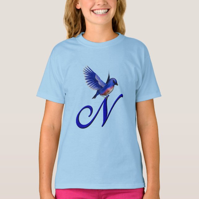 T-shirt Monogramme Bluebird Initiale N Élégant  (Devant)