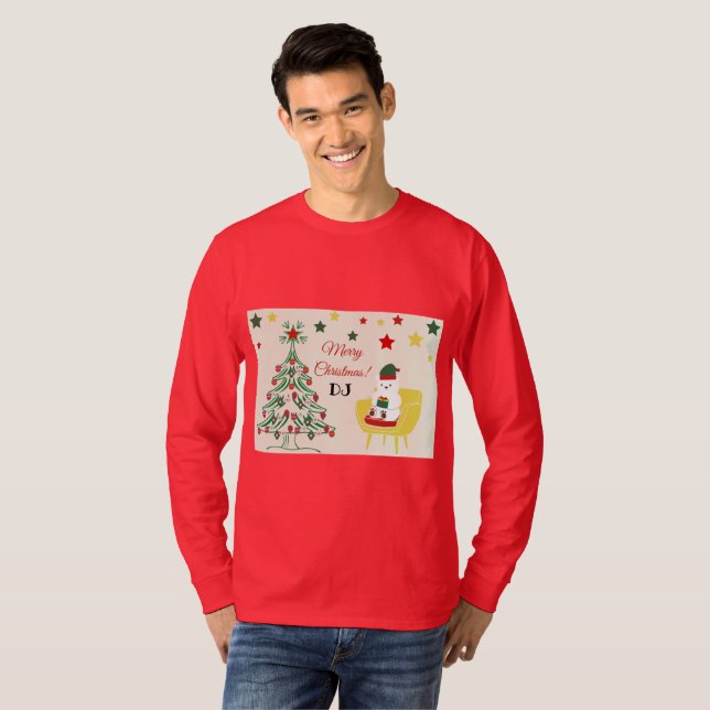 T-shirt Monogramme de l'ours rouge moderne Joyeux Noël Men (Devant entier)