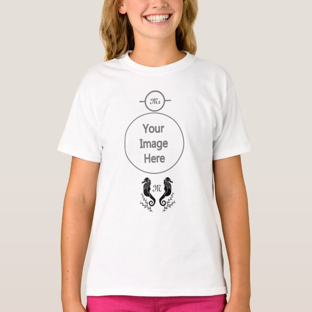 T-shirt Monogramme de silhouette de cheval de mer noir (Devant)
