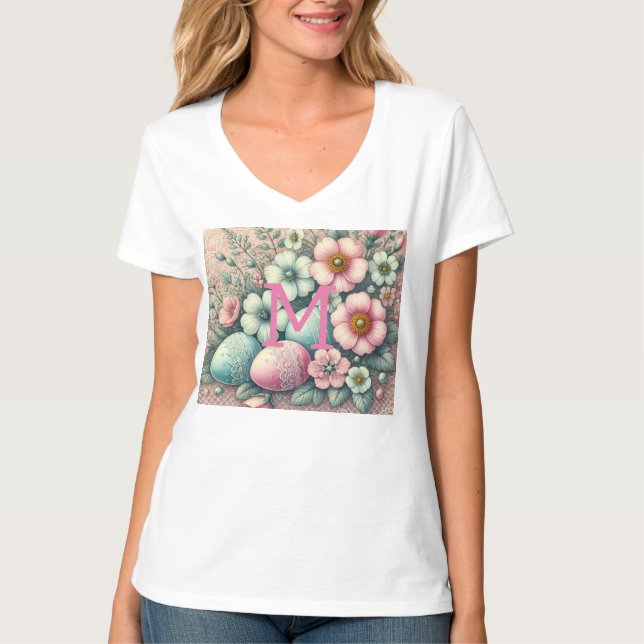 T-shirt Monogramme dentelle rose fleurie oeufs de Pâques d (Devant)
