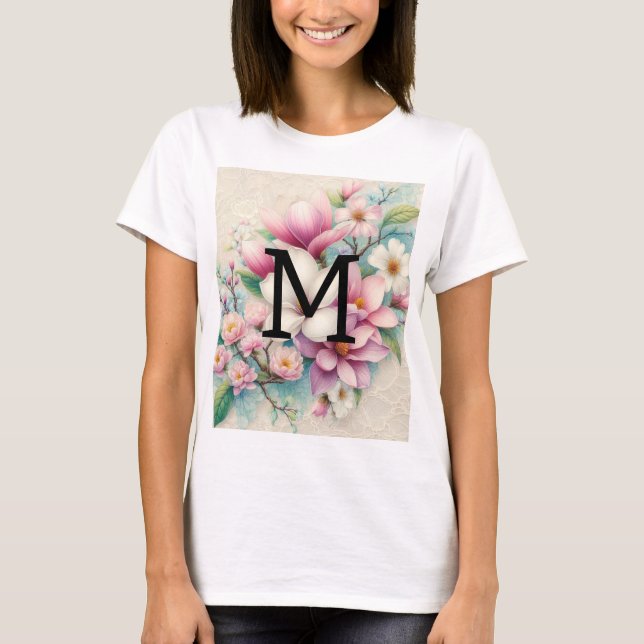 T-shirt Monogramme dentelle rose violet fleurs de magnolia (Devant)