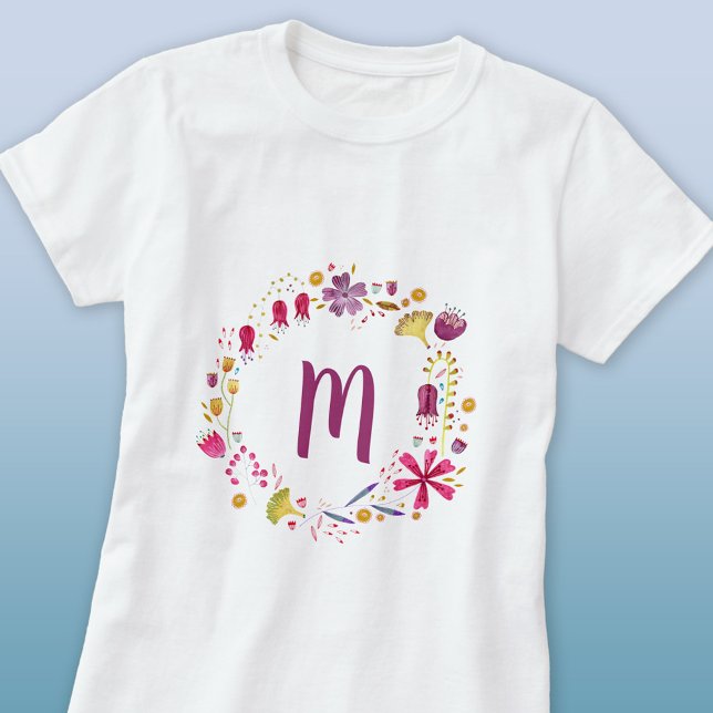 T-shirt Monogramme floral (Watercolor floral circle modern monogram initial personalized t-shirt)