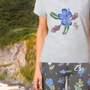 T-shirt Monogramme Hibiscus Bleu Yoga Fitness Top
