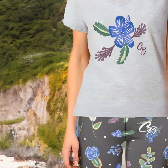 T-shirt Monogramme Hibiscus Bleu Yoga Fitness Top (Créateur téléchargé)