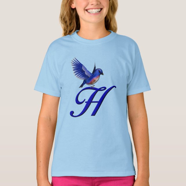 T-shirt Monogramme Initial H Élégant Bluebird  (Devant)