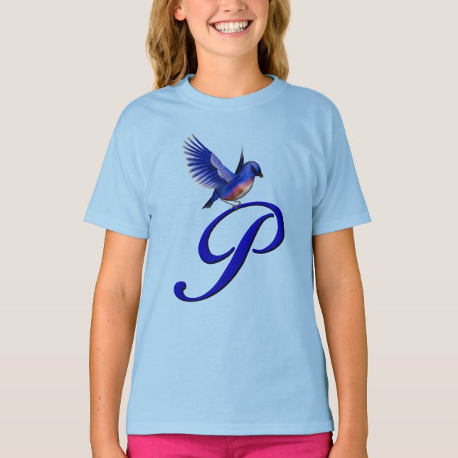T-shirt Monogramme Initial P Élégant Bluebird  (Devant)