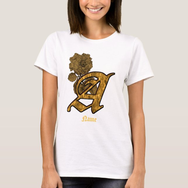T-shirt Monogramme Initiale A Fleur de Pivoine en Or Perso (Devant)