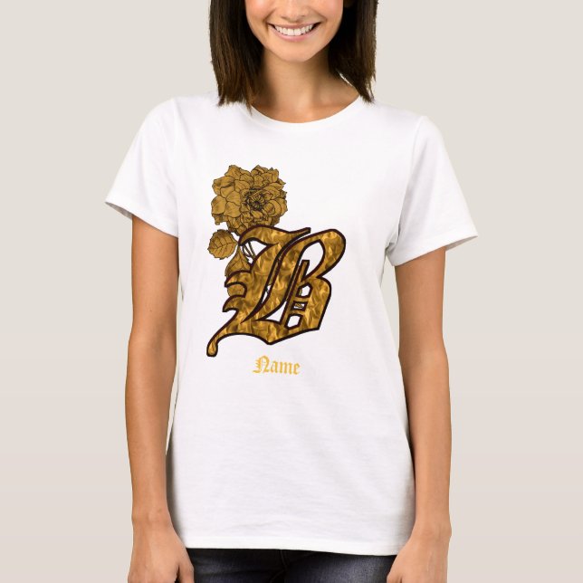 T-shirt Monogramme Initiale B Fleur de Pivoine en Or Perso (Devant)