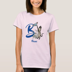 T-shirt Monogramme initiale B personnalisé Chat et Papillo