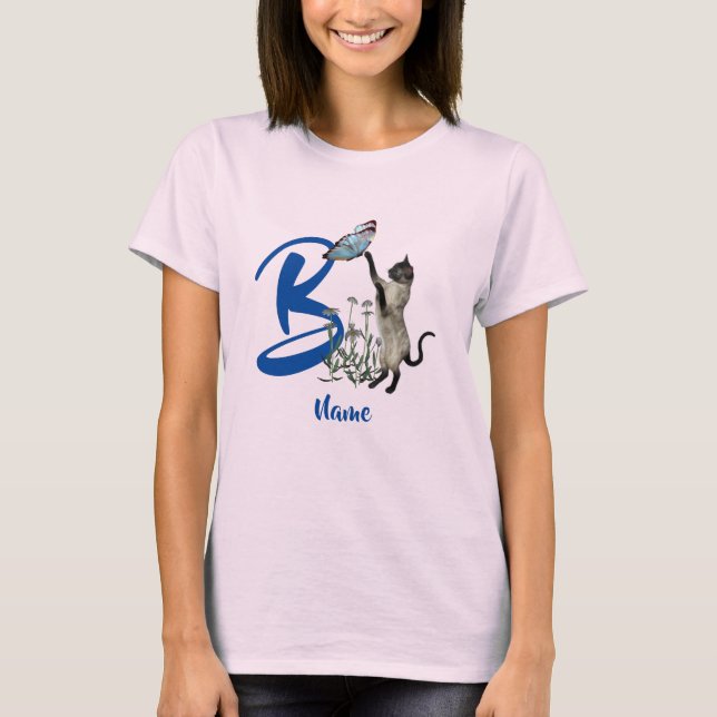 T-shirt Monogramme initiale B personnalisé Chat et Papillo (Devant)