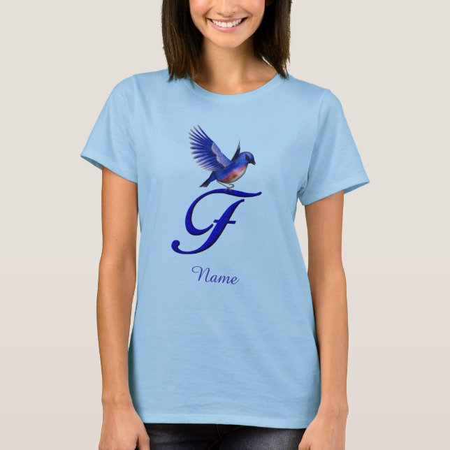 T-shirt Monogramme initiale F Bluebird Élégant Personnalis (Devant)