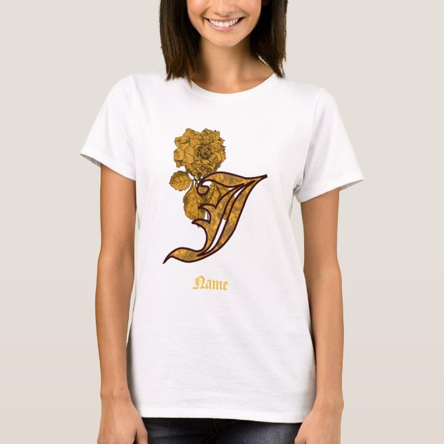 T-shirt Monogramme Initiale J Fleur de Pivoine en Or Perso (Devant)