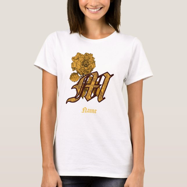T-shirt Monogramme Initiale M Fleur de Pivoine en Or Perso (Devant)