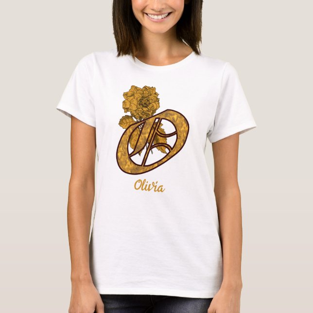 T-shirt Monogramme Initiale O Or Peony Personnalisé (Devant)