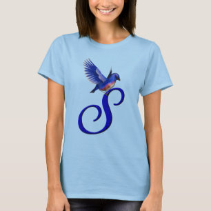 T-shirt Monogramme Initiale S Élégant Oiseau Bleu