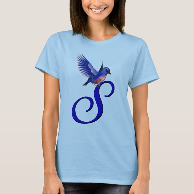 T-shirt Monogramme Initiale S Élégant Oiseau Bleu (Devant)