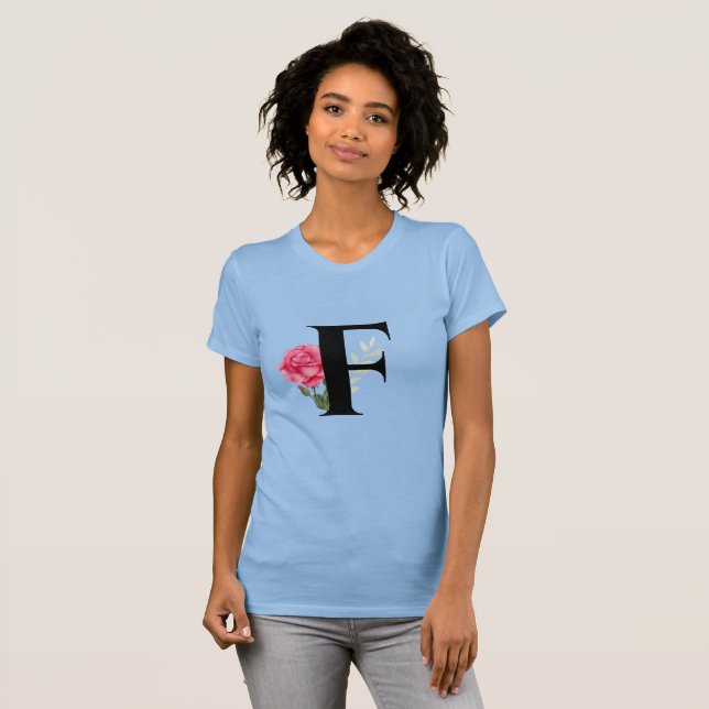T-shirt Monogramme Lettre initiale F en noir avec rose ros (Devant entier)