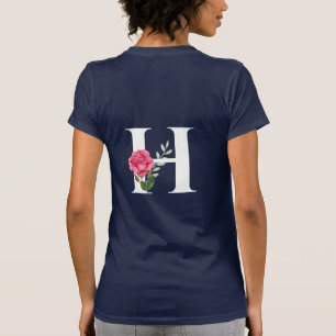 T-shirt Monogramme Lettre initiale H en blanc avec rose ro