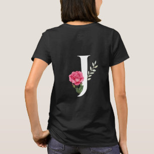 T-shirt Monogramme Lettre initiale J en blanc avec rose ro