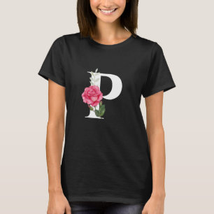 T-shirt Monogramme Lettre initiale P en blanc avec rose ro