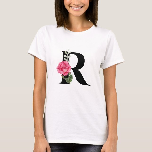 T-shirt Monogramme Lettre initiale R en noir avec rose ros (Devant)
