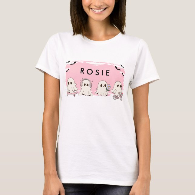 T-shirt Monogramme mignon Halloween Fantômes roses Éffraya (Devant)
