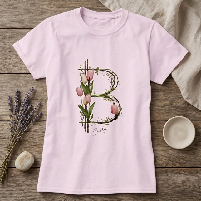 T-shirt Monogramme Moderne B : Tulipes, Écorce & Vignes (Créateur téléchargé)